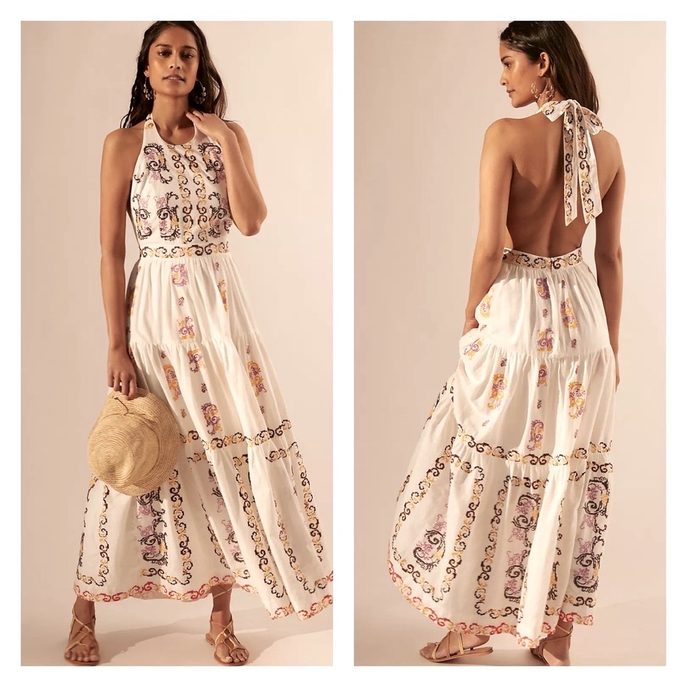 Anthropologie Halter Maxi Dress Embroidered